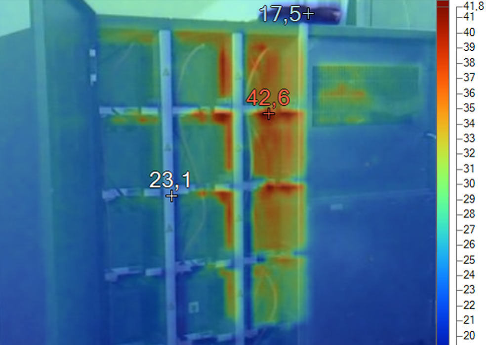 Bild einer Thermomessung von einem Batterieschrank, hier sieht man im rechten oberen Bereich eine Erwärmung der Batterieblöcke.